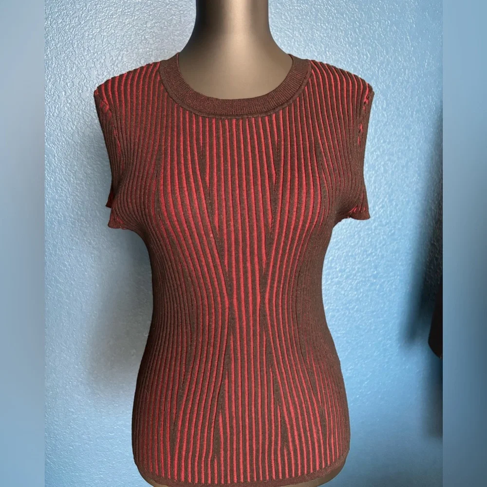 DKNY Black and Red Striped Short Sleeve Top, Shell, form-fitted, stretch - Picture 2 of 13